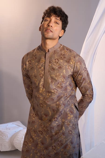 Buy_Manish Nagdeo X AZA_Brown Cotton, Silk Mouse Printed Kurta Set _Online_at_Aza_Fashions