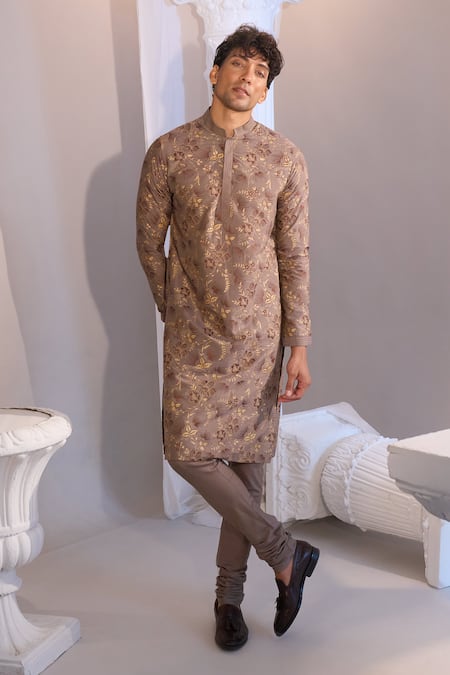 Manish Nagdeo X AZA_Brown Cotton, Silk Mouse Printed Kurta Set _Online_at_Aza_Fashions