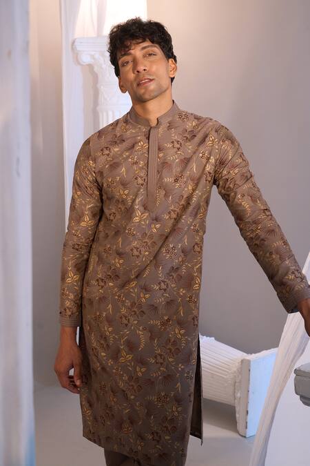 Manish Nagdeo X AZA_Brown Cotton, Silk Mouse Printed Kurta Set _at_Aza_Fashions