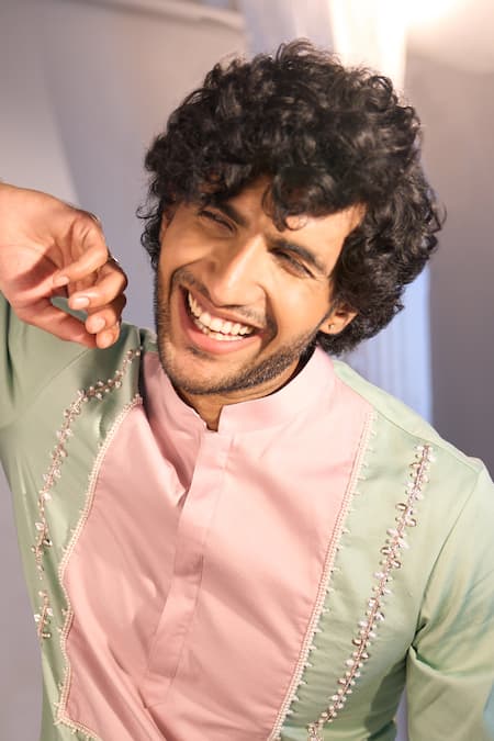 Buy_Manish Nagdeo X AZA_Mint Cotton, Silk Embroidery Green Kurta Set _Online_at_Aza_Fashions