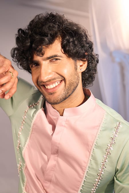 Manish Nagdeo X AZA_Mint Cotton, Silk Embroidery Green Kurta Set _at_Aza_Fashions