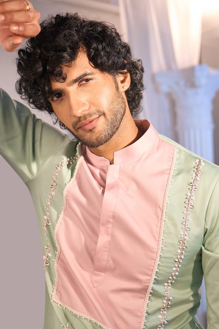 Buy_Manish Nagdeo X AZA_Mint Cotton, Silk Embroidery Green Kurta Set 