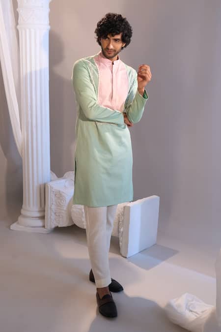 Shop_Manish Nagdeo X AZA_Mint Cotton, Silk Embroidery Green Kurta Set 