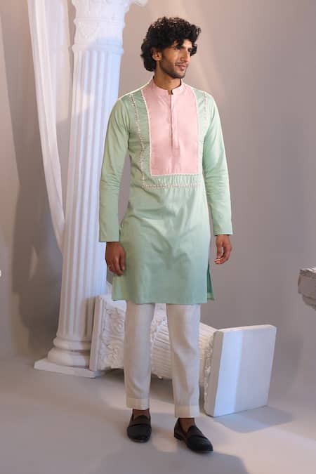 Manish Nagdeo X AZA_Mint Cotton, Silk Embroidery Green Kurta Set _Online_at_Aza_Fashions