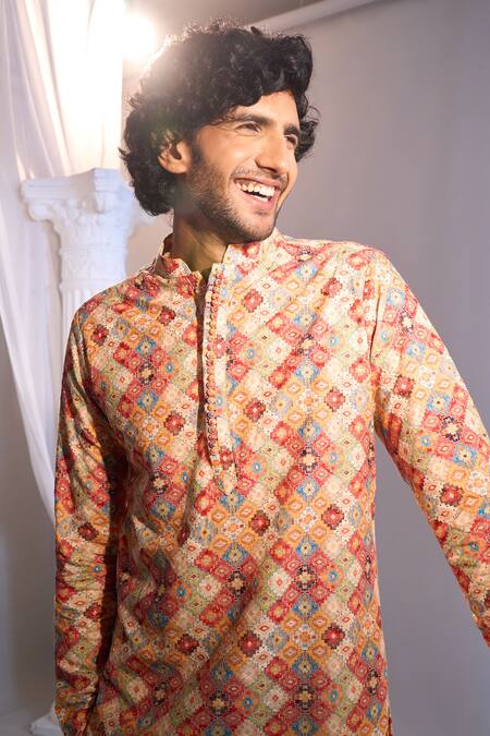 Shop_Manish Nagdeo X AZA_Multi Color Cotton Embroidery Multicolor Printed Kurta Set 