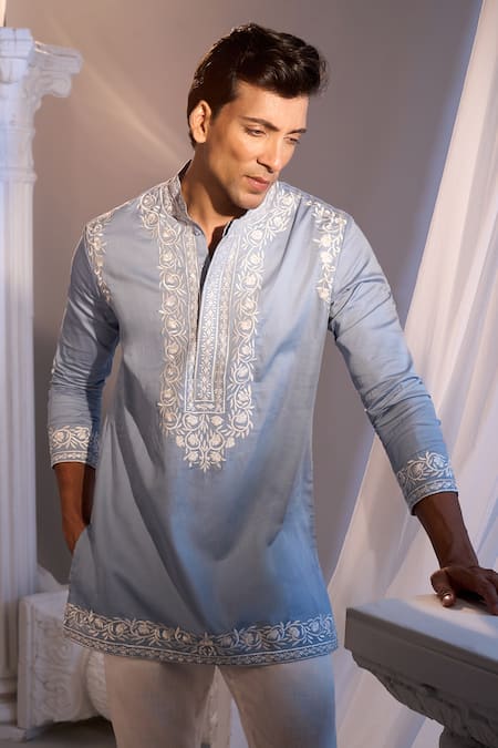 Buy_Manish Nagdeo X AZA_Blue Cotton Embroidery Powder Kurta Set _Online_at_Aza_Fashions