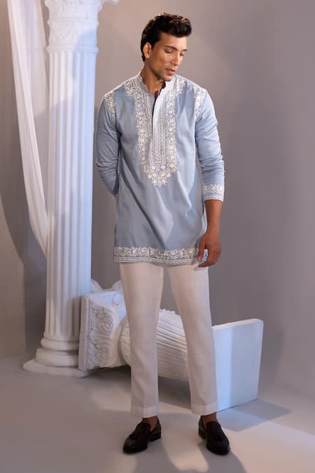 Manish Nagdeo X AZA_Blue Cotton Embroidery Powder Kurta Set _Online_at_Aza_Fashions