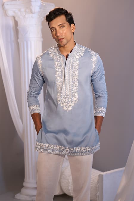 Shop_Manish Nagdeo X AZA_Blue Cotton Embroidery Powder Kurta Set _Online_at_Aza_Fashions