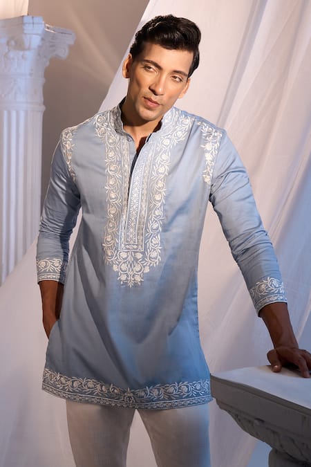 Manish Nagdeo X AZA_Blue Cotton Embroidery Powder Kurta Set _at_Aza_Fashions