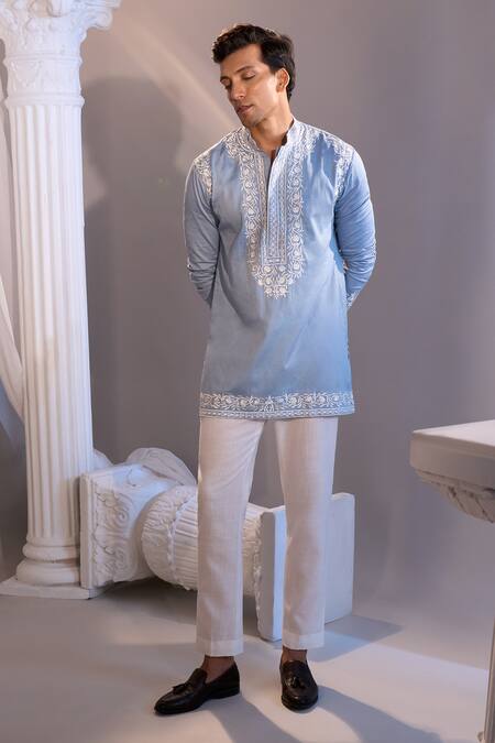 Shop_Manish Nagdeo X AZA_Blue Cotton Embroidery Powder Kurta Set 