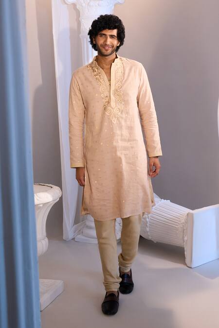 Buy_Manish Nagdeo X AZA_Beige Cotton Embroidery Kurta Set _Online_at_Aza_Fashions