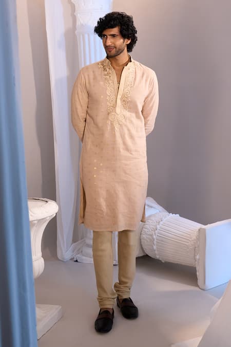 Shop_Manish Nagdeo X AZA_Beige Cotton Embroidery Kurta Set _Online_at_Aza_Fashions