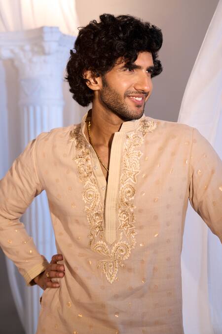 Manish Nagdeo X AZA_Beige Cotton Embroidery Kurta Set _at_Aza_Fashions