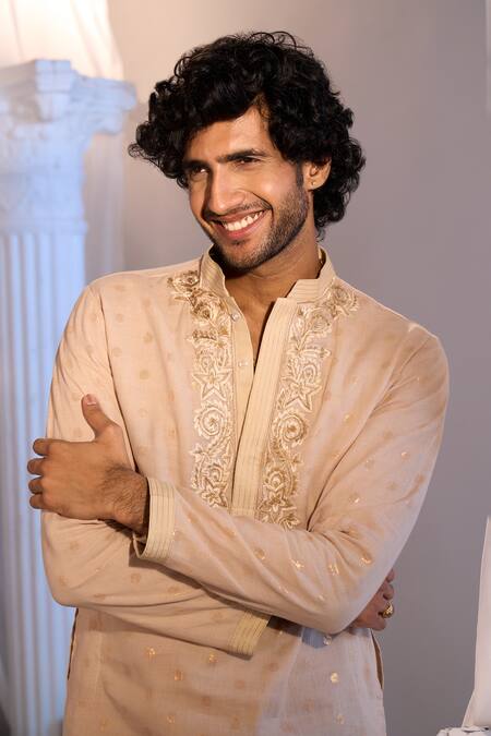 Shop_Manish Nagdeo X AZA_Beige Cotton Embroidery Kurta Set 