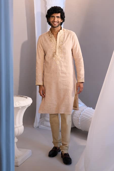 Manish Nagdeo X AZA_Beige Cotton Embroidery Kurta Set _Online_at_Aza_Fashions