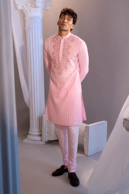 Buy_Manish Nagdeo X AZA_Blush Cotton Embroidery Pink Kurta Set _Online_at_Aza_Fashions