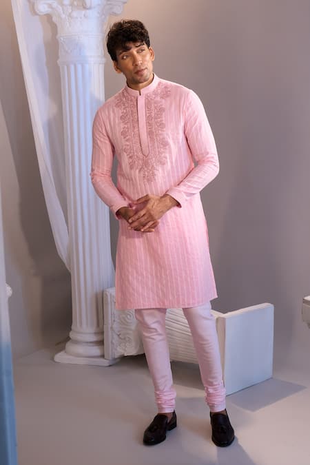 Manish Nagdeo X AZA_Blush Cotton Embroidery Pink Kurta Set _Online_at_Aza_Fashions