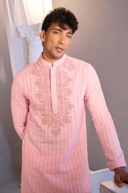 Shop_Manish Nagdeo X AZA_Blush Cotton Embroidery Pink Kurta Set _Online_at_Aza_Fashions