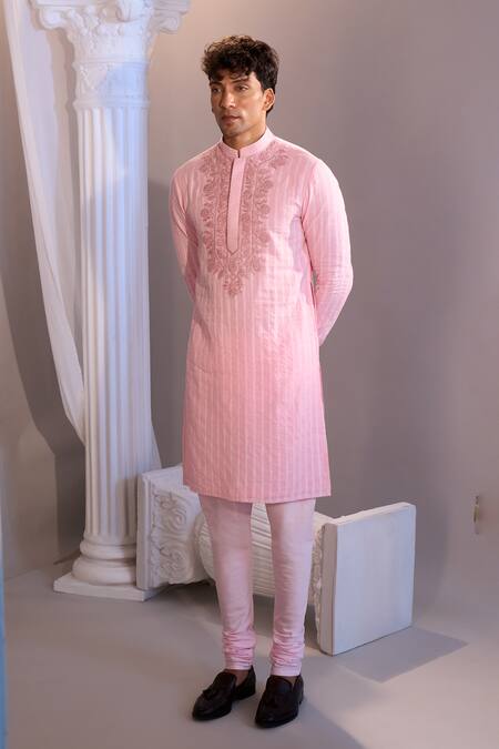 Manish Nagdeo X AZA_Blush Cotton Embroidery Pink Kurta Set _at_Aza_Fashions