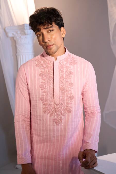 Shop_Manish Nagdeo X AZA_Blush Cotton Embroidery Pink Kurta Set 