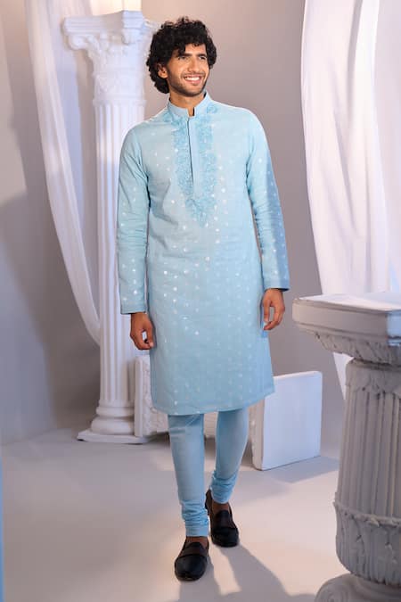 Manish Nagdeo X AZA_Sky Blue Cotton Embroidery Kurta Set _Online_at_Aza_Fashions
