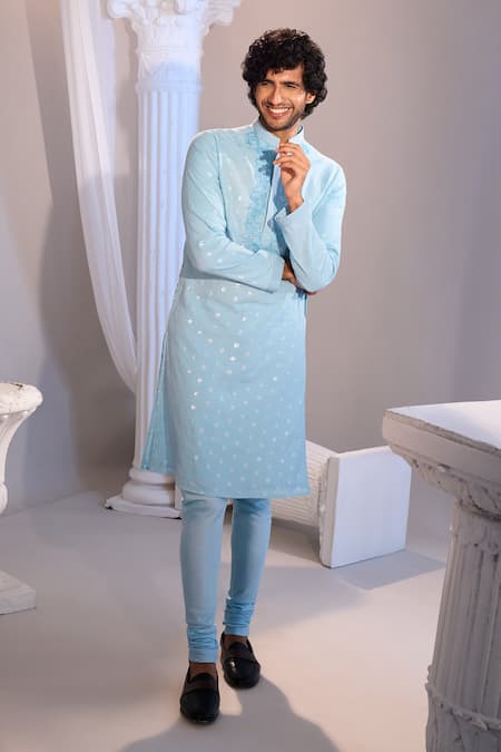 Buy_Manish Nagdeo X AZA_Sky Blue Cotton Embroidery Kurta Set _Online_at_Aza_Fashions