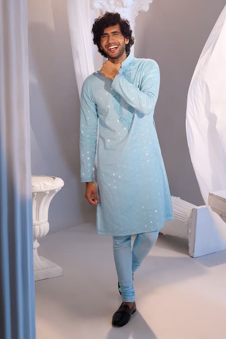 Shop_Manish Nagdeo X AZA_Sky Blue Cotton Embroidery Kurta Set _Online_at_Aza_Fashions