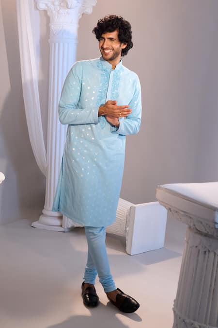Manish Nagdeo X AZA_Sky Blue Cotton Embroidery Kurta Set _at_Aza_Fashions
