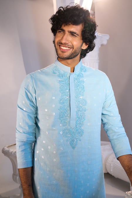 Shop_Manish Nagdeo X AZA_Sky Blue Cotton Embroidery Kurta Set 