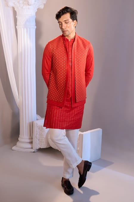 Buy_Manish Nagdeo X AZA_Red Silk, Cotton Embroidery Ruby Nehru Jacket Set _Online_at_Aza_Fashions