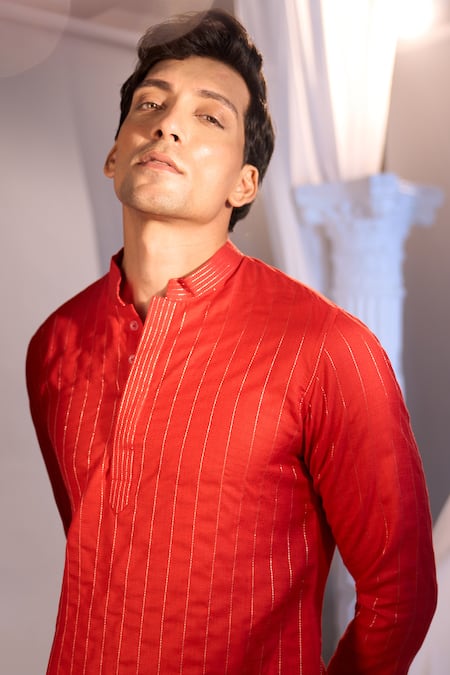 Shop_Manish Nagdeo X AZA_Red Silk, Cotton Embroidery Ruby Nehru Jacket Set _Online_at_Aza_Fashions