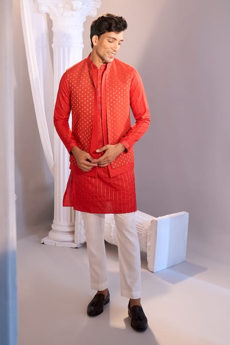 Manish Nagdeo X AZA_Red Silk, Cotton Embroidery Ruby Nehru Jacket Set _at_Aza_Fashions