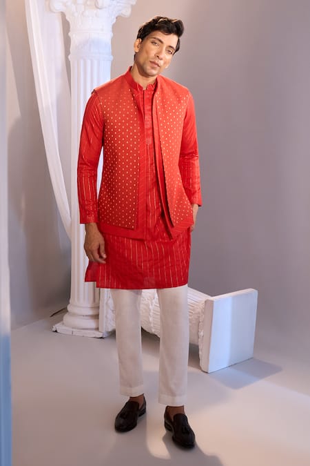Buy_Manish Nagdeo X AZA_Red Silk, Cotton Embroidery Ruby Nehru Jacket Set 
