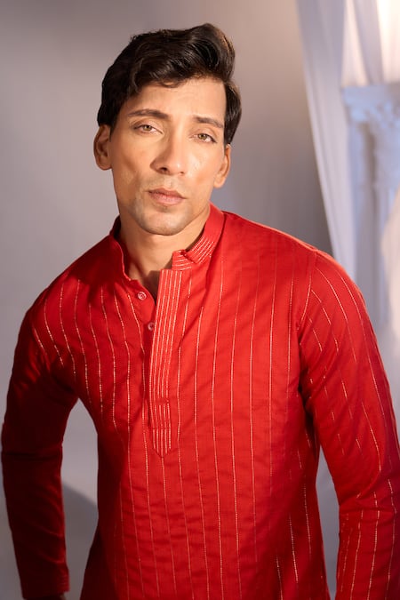 Shop_Manish Nagdeo X AZA_Red Silk, Cotton Embroidery Ruby Nehru Jacket Set 