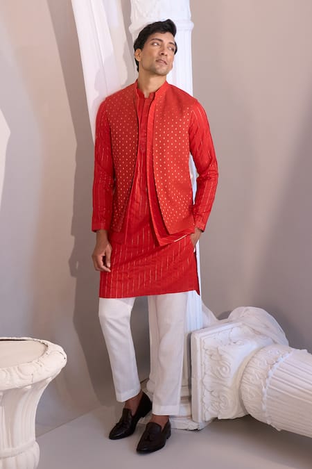 Manish Nagdeo X AZA_Red Silk, Cotton Embroidery Ruby Nehru Jacket Set _Online_at_Aza_Fashions