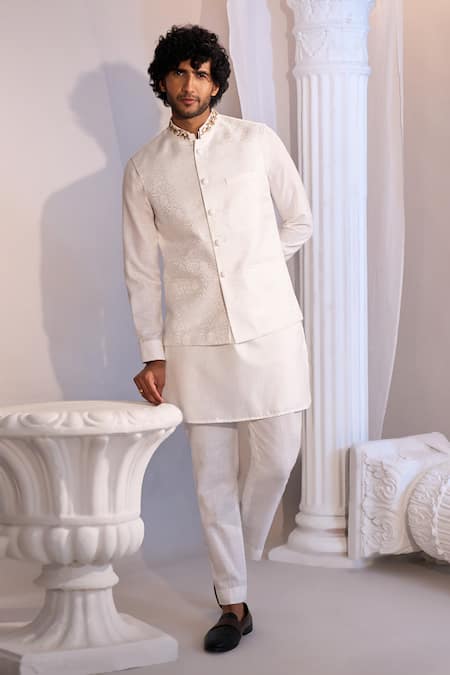 Buy_Manish Nagdeo X AZA_White Brocade, Silk Embroidery Nehru Jacket And Kurta Pant Set _Online_at_Aza_Fashions