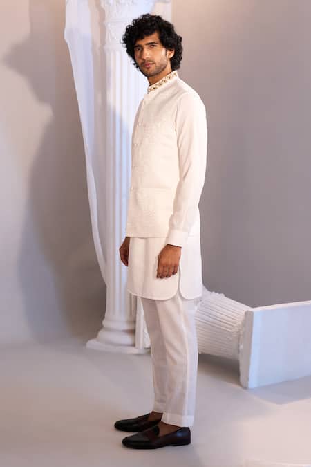 Shop_Manish Nagdeo X AZA_White Brocade, Silk Embroidery Nehru Jacket And Kurta Pant Set _Online_at_Aza_Fashions