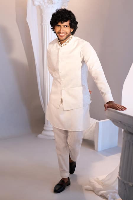 Shop_Manish Nagdeo X AZA_White Brocade, Silk Embroidery Nehru Jacket And Kurta Pant Set 