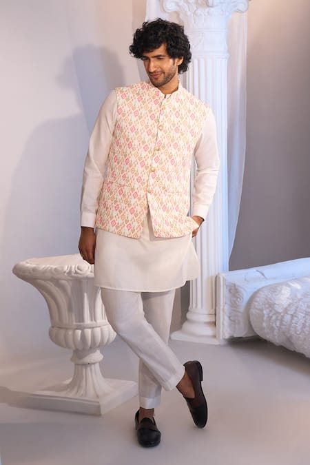 Manish Nagdeo X AZA_Pink , Satin, Silk Embroidery White Blend Nehru Jacket Set _Online_at_Aza_Fashions