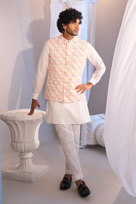 Buy_Manish Nagdeo X AZA_Pink , Satin, Silk Embroidery White Blend Nehru Jacket Set _Online_at_Aza_Fashions