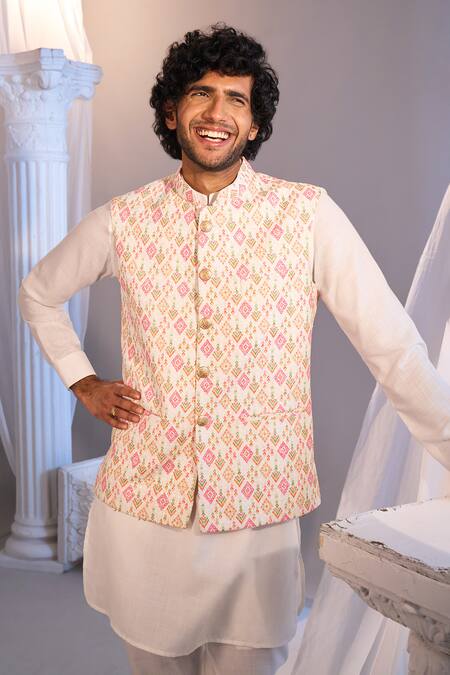 Shop_Manish Nagdeo X AZA_Pink , Satin, Silk Embroidery White Blend Nehru Jacket Set _Online_at_Aza_Fashions