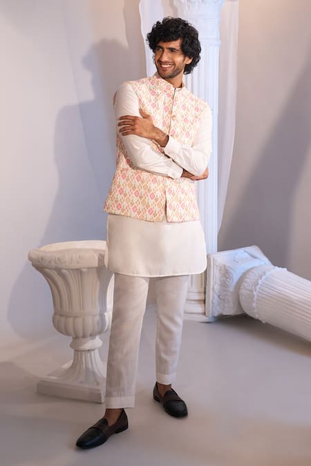 Manish Nagdeo X AZA_Pink , Satin, Silk Embroidery White Blend Nehru Jacket Set _at_Aza_Fashions