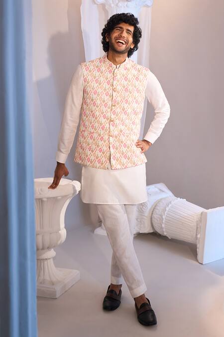 Buy_Manish Nagdeo X AZA_Pink , Satin, Silk Embroidery White Blend Nehru Jacket Set 