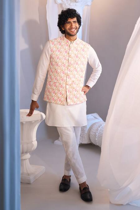 Shop_Manish Nagdeo X AZA_Pink , Satin, Silk Embroidery White Blend Nehru Jacket Set 