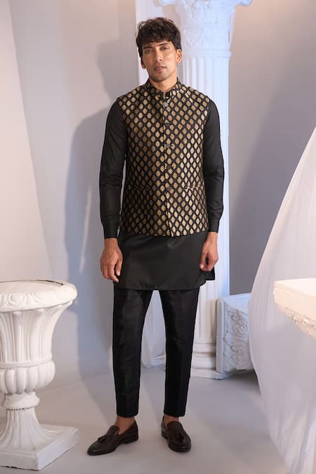 Buy_Manish Nagdeo X AZA_Black Brocade, Silk Nehru Jacket Set _Online_at_Aza_Fashions