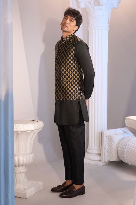 Shop_Manish Nagdeo X AZA_Black Brocade, Silk Nehru Jacket Set _Online_at_Aza_Fashions
