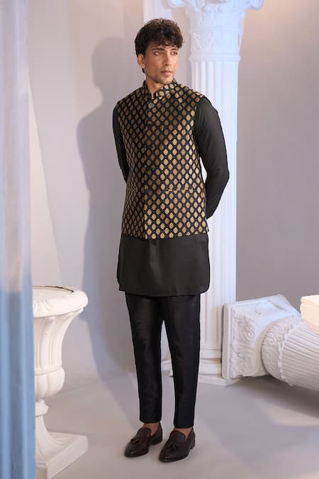 Manish Nagdeo X AZA_Black Brocade, Silk Nehru Jacket Set _at_Aza_Fashions