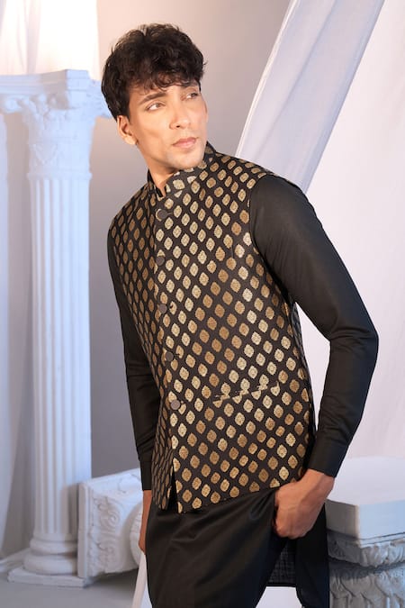 Shop_Manish Nagdeo X AZA_Black Brocade, Silk Nehru Jacket Set 