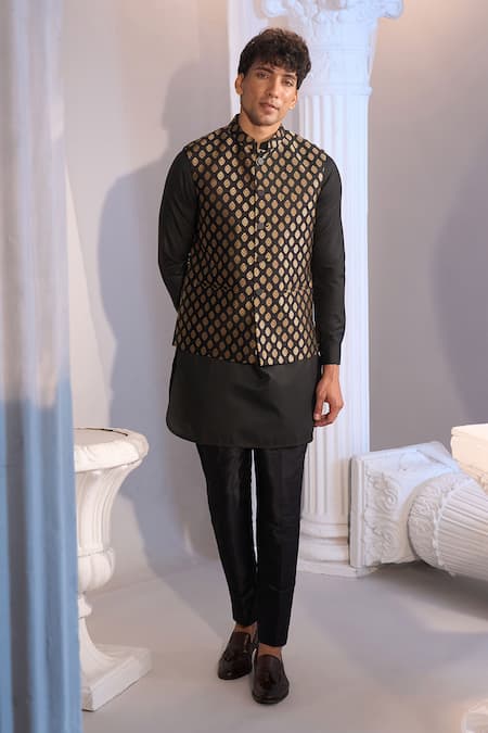 Manish Nagdeo X AZA_Black Brocade, Silk Nehru Jacket Set _Online_at_Aza_Fashions