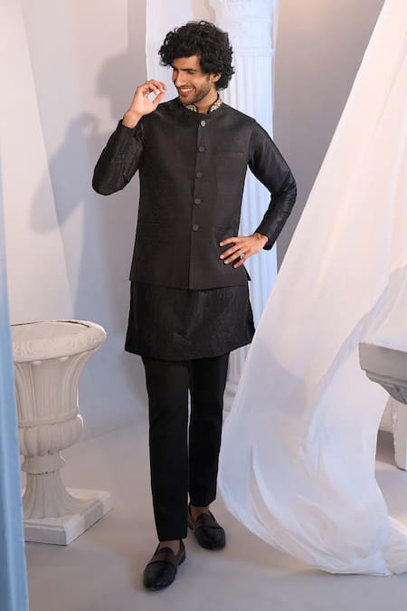 Buy_Manish Nagdeo X AZA_Black Cotton, Silk Nehru Jacket Set _Online_at_Aza_Fashions